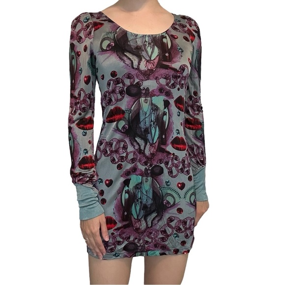 Custo Barcelona Long Sleeve Mini Dress Bodycon Graphic Y2K Size 1 Extra Small - Picture 7 of 7